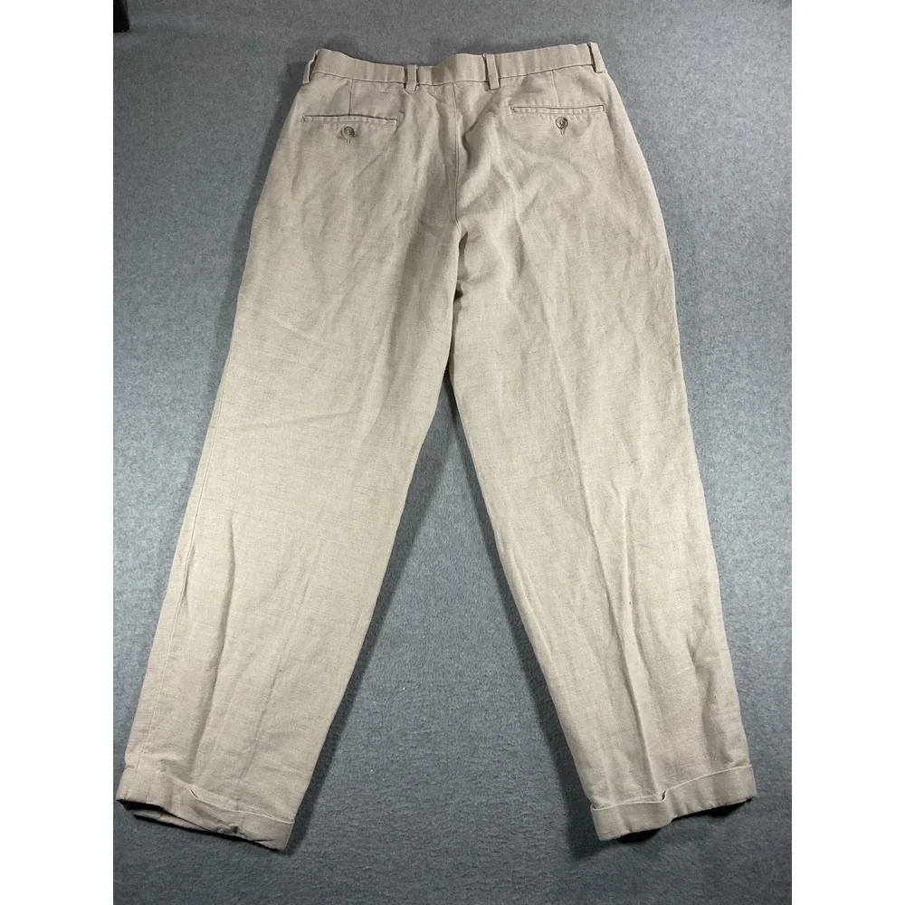 Dockers Premium Mens 33x32 Linen Cotton Pleated Relaxed Fit Cuffed Pants 1482